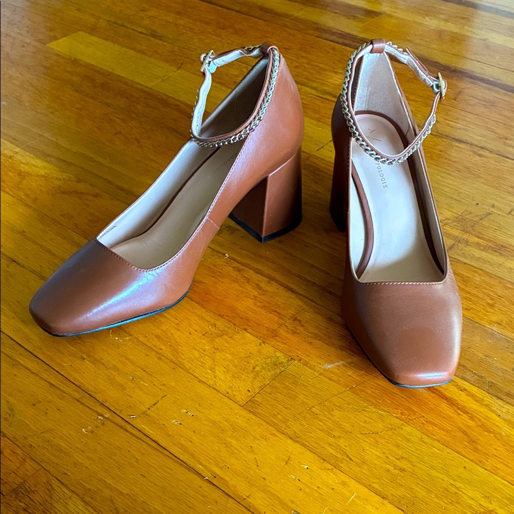 Anthropologie Brown Block Heel Shoes, Gold Chain Ankle Strap